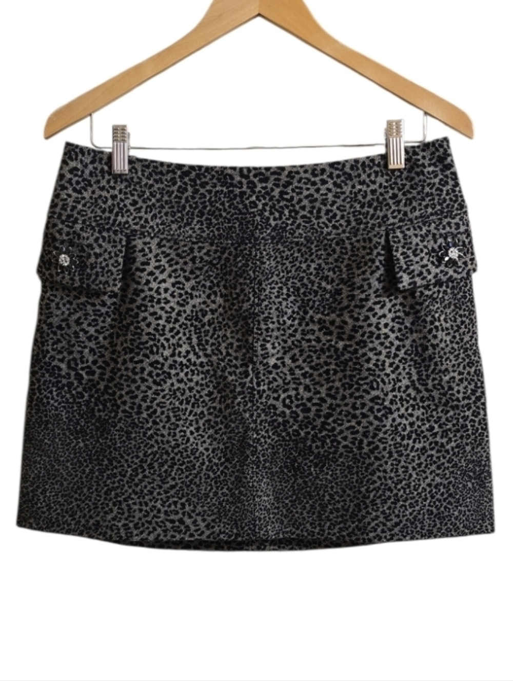 Bill Burns Black Wool Blend Textured Leopard Rhinestone Pockets Skirt. Size 8